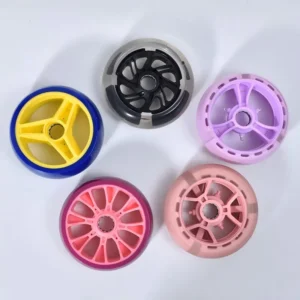 Five wheel core and tread samples in different colours and spoke designs