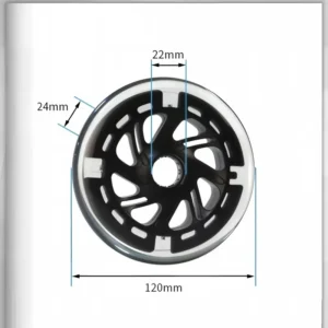 PU wheel dimension image labelled 120mm diameter, 24mm width and 22mm centre opening