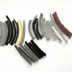 Brush weatherstrip samples in grey, black, white and brown with different pile heights and backing profiles