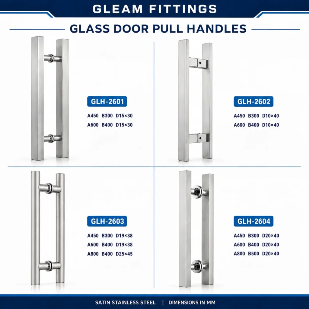 Glass door pull handle size chart showing 450, 600 and 800 mm models with mounting centers