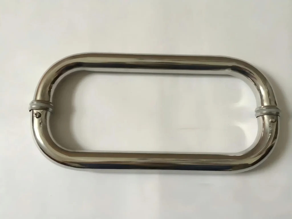 Rounded D-style tubular shower door handle pair with circular fixing collars