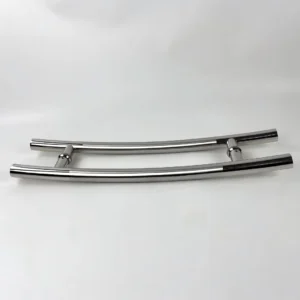 Polished bow-shaped glass door pull handle pair with two mounting connections