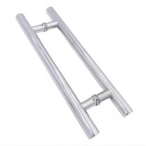 Polished H-style back-to-back glass door pull handle with round tubes and paired mounting posts