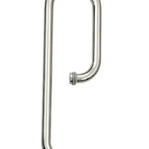 Polished tubular glass door handle assembly with unequal-length curved grips and circular mounting collars