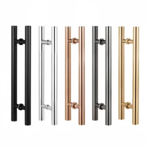 H-style tubular glass door pulls in black, silver, rose-gold, dark metallic and gold finishes