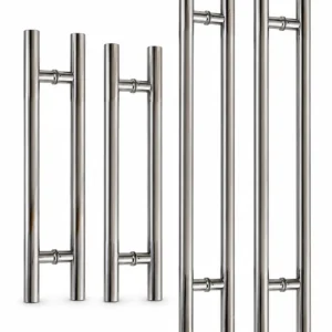 Short and long round-tube ladder glass door pull handle pairs shown side by side