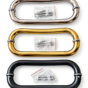 Rounded glass door pull handle pairs in silver, gold and matte black, each with a bag of fixing bolts