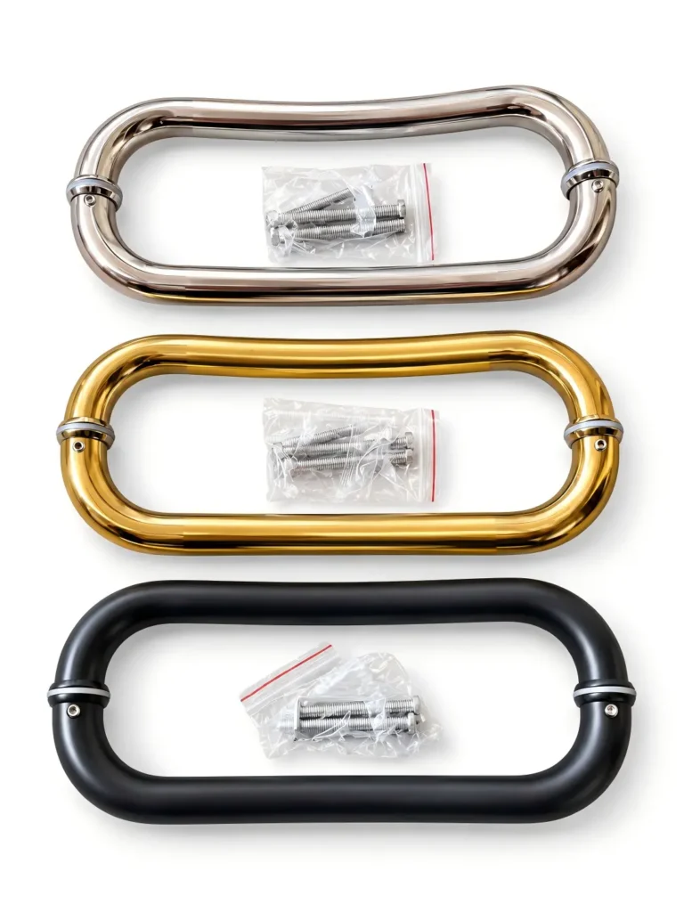 Rounded glass door pull handle pairs in silver, gold and matte black, each with a bag of fixing bolts