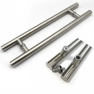 Brushed ladder glass door pull handle pair with an inset close-up of the disassembled mounting connectors