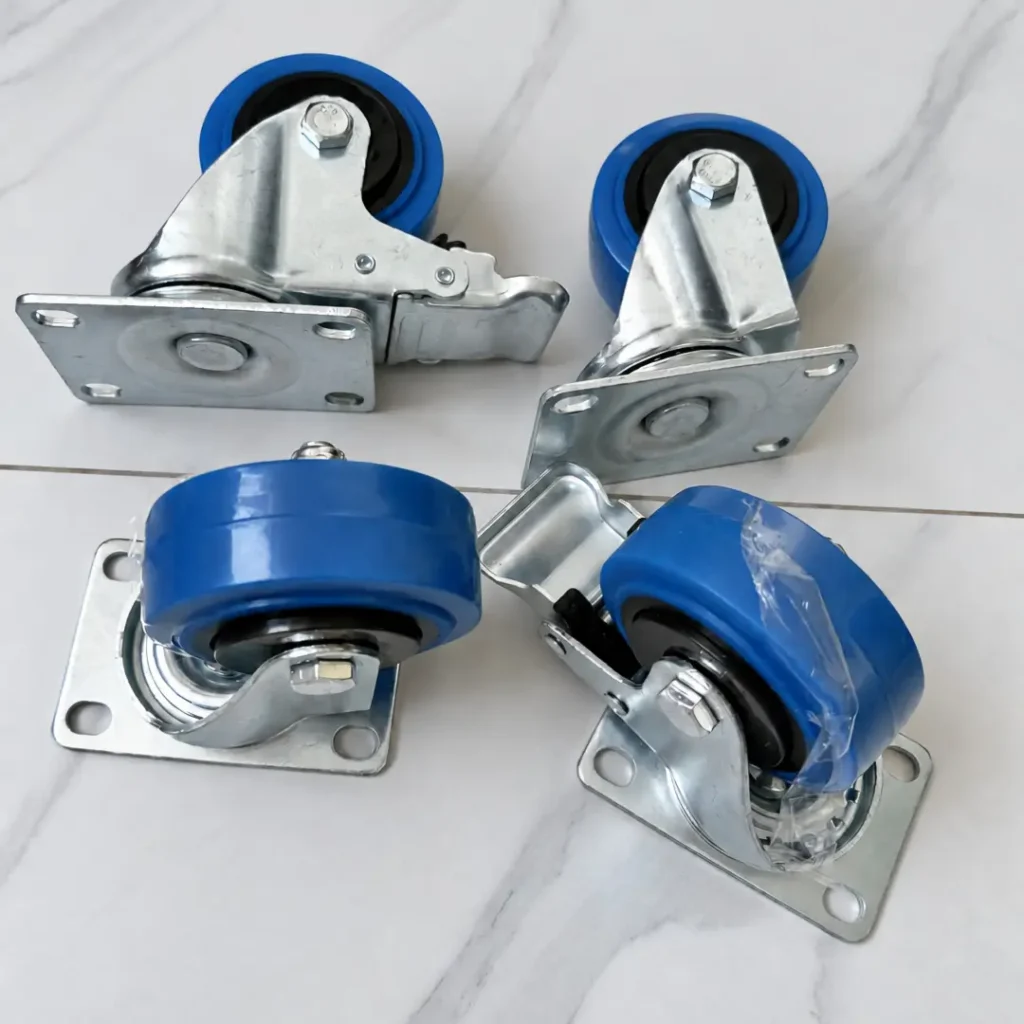 Four blue TPR plate casters with black wheel centres and swivel brake options