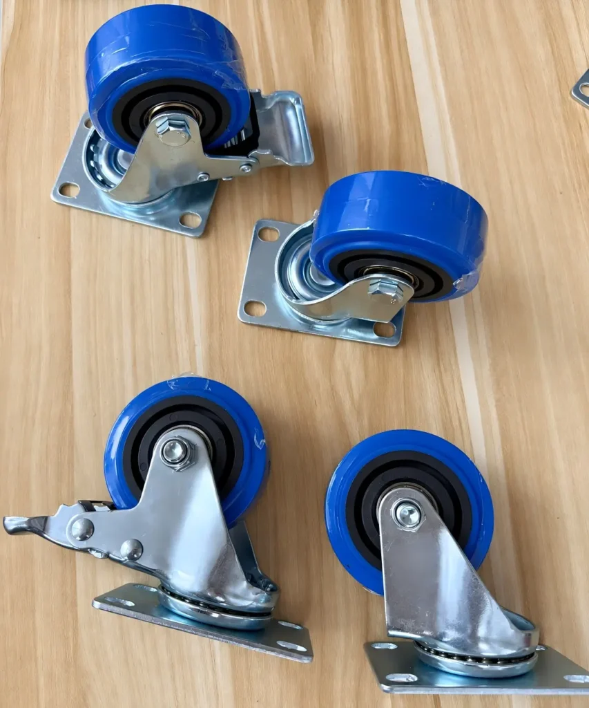 Blue TPR swivel plate casters shown with and without brake pedals