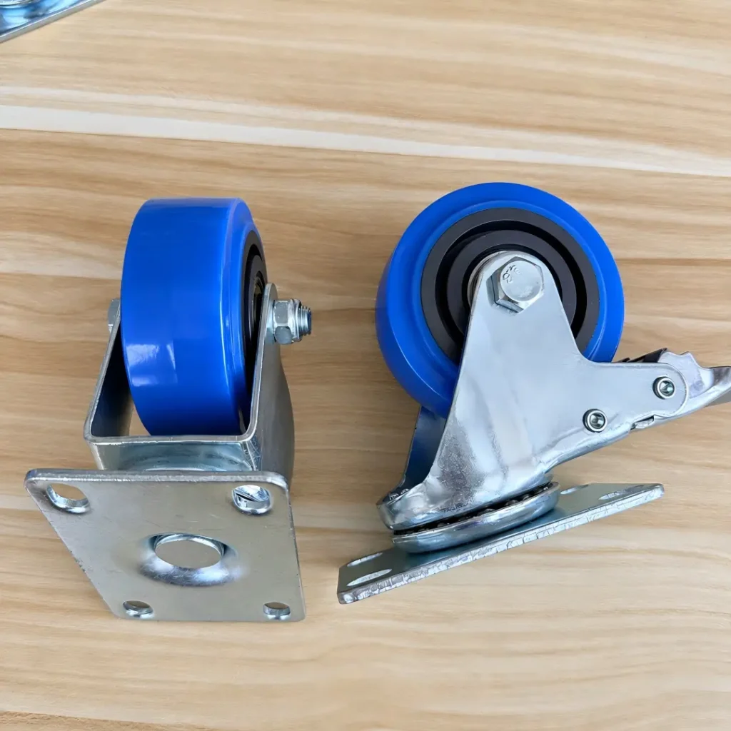 Blue TPR rigid plate caster beside a swivel caster with brake