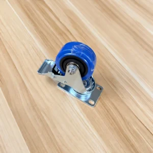 Blue TPR swivel brake caster showing its pedal, axle nut and four-hole mounting plate