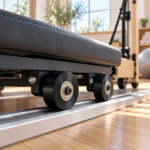 Pilates reformer carriage with black wheels running on an aluminum rail