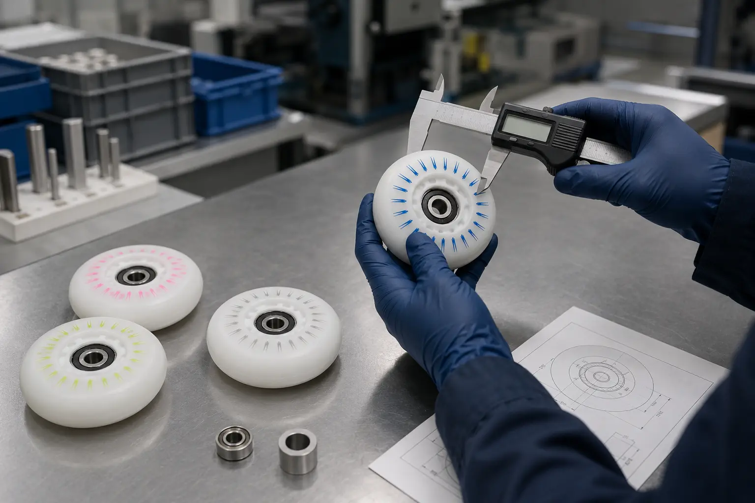 Illustration of wheel dimension inspection with a calliper, bearings, spacer and drawing
