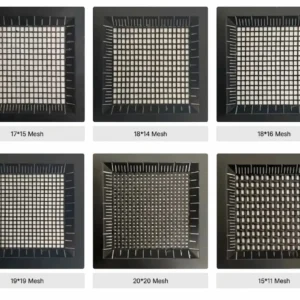 Window screen mesh samples labeled 17x15, 18x14, 18x16, 19x19, 20x20 and 15x11