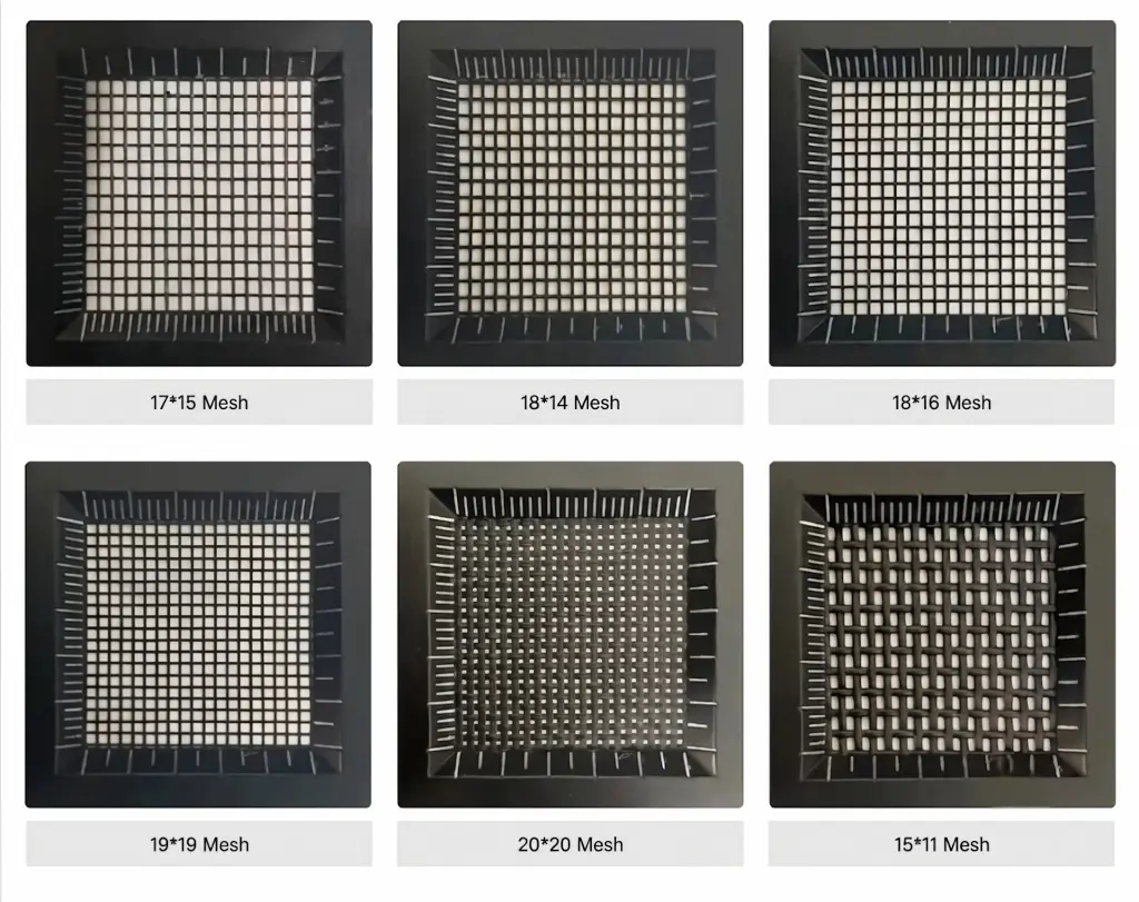 Window screen mesh samples labeled 17x15, 18x14, 18x16, 19x19, 20x20 and 15x11